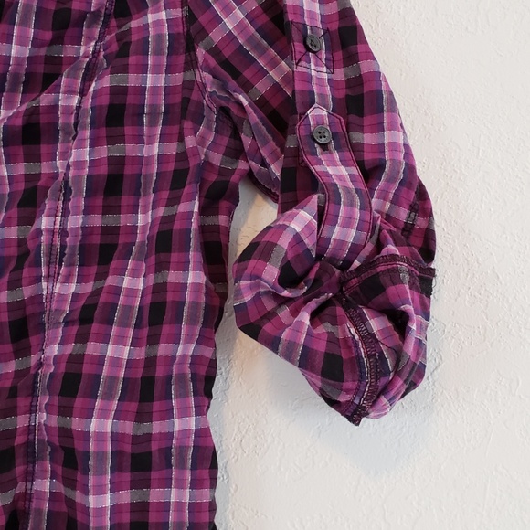 EXPRESS Cute Dark Purple Pink Khaki Button Shirt - Picture 3 of 7